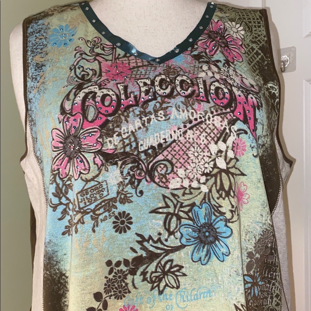 Vanilla Sugar vintage tan/green/blue/pink floral sequin sleeveless pullover